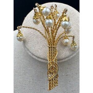 Hobe' Weeping Willow Faux Pearl Rhinestone Brooch Pin All Pearls Intact